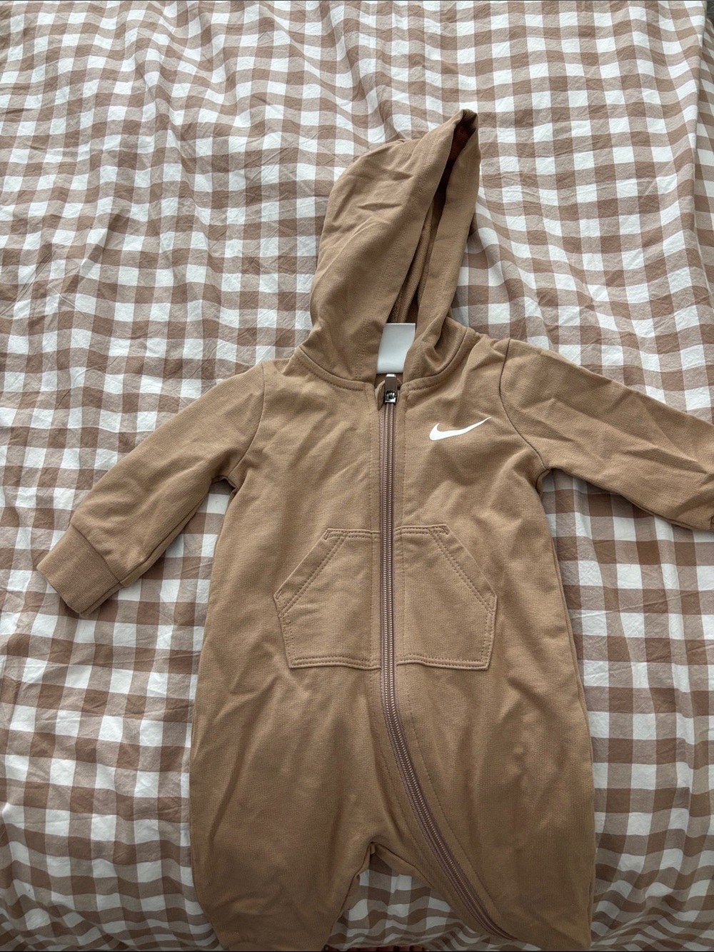 Nike Tan/Brown Baby Hooded Zip Jumpsuit with White Swoosh